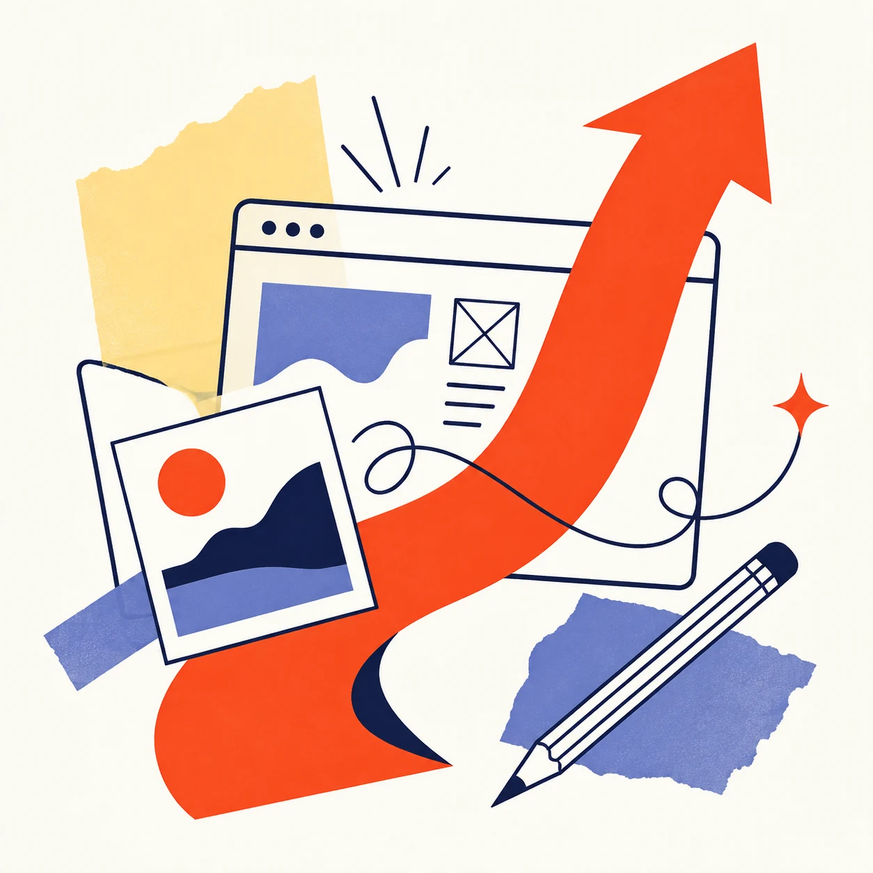 An orange ribbon lifts through a website, a social image and connected creative tools.