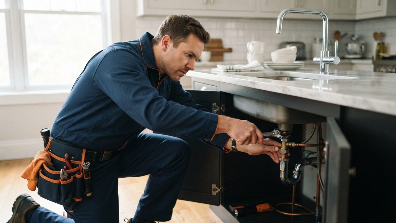 Plumber repairing a kitchen tap